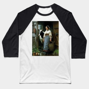 Vintage Oil Painting of Farm Girl and Cow Baseball T-Shirt